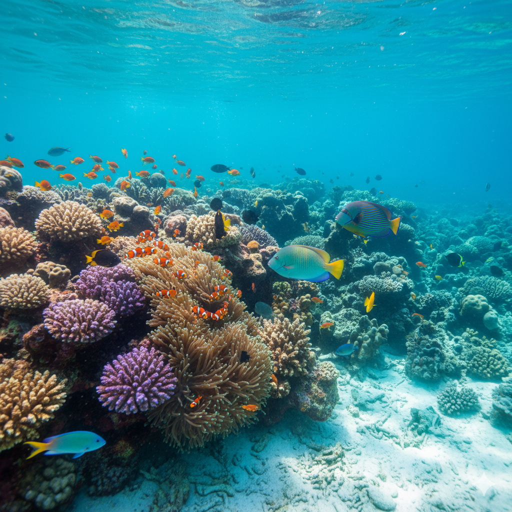 Colorful reef fish and corals in Gamat Bay Nusa Penida