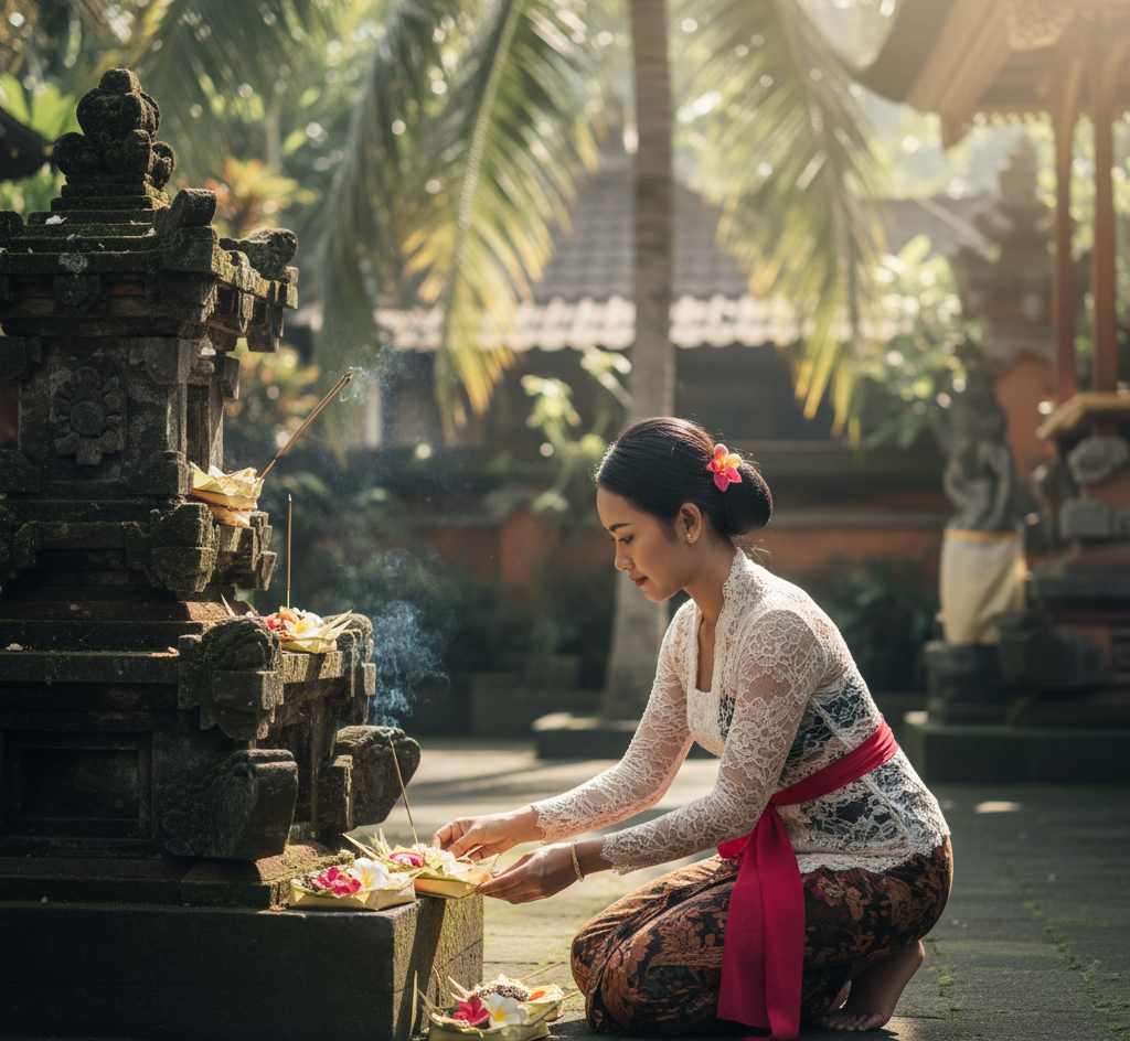 Local Balinese woman placing offerings at a temple in Ubud