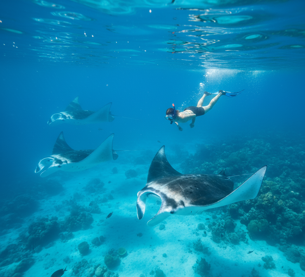 Snorkeler swimming with manta rays