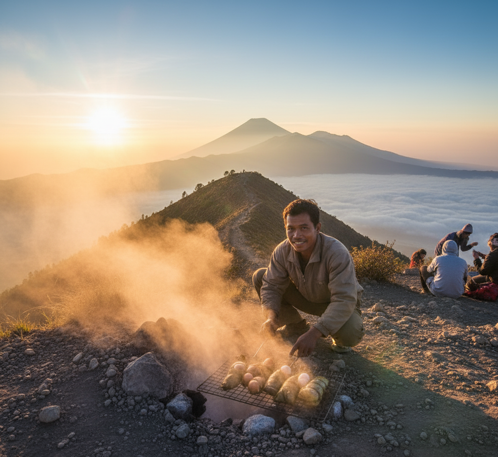 guide preparing breakfast with volcanic steam