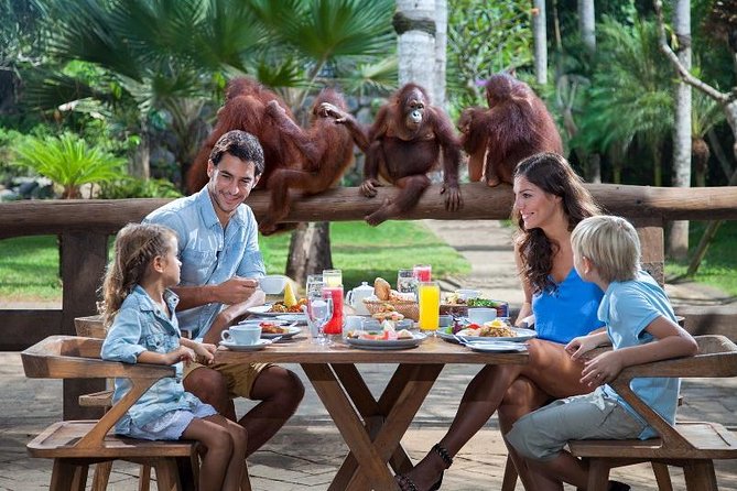 Family having breakfast with orangutans.