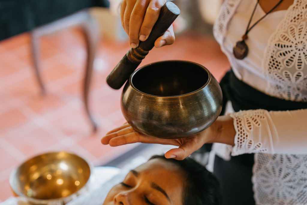 Meditation hall with crystal sound bowls