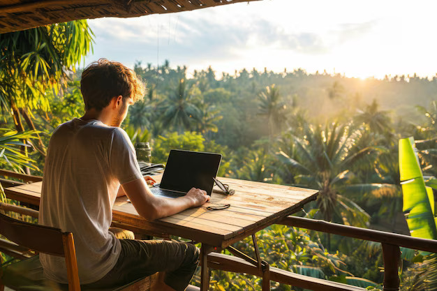 Remote workers enjoying a scenic destination during early travel season